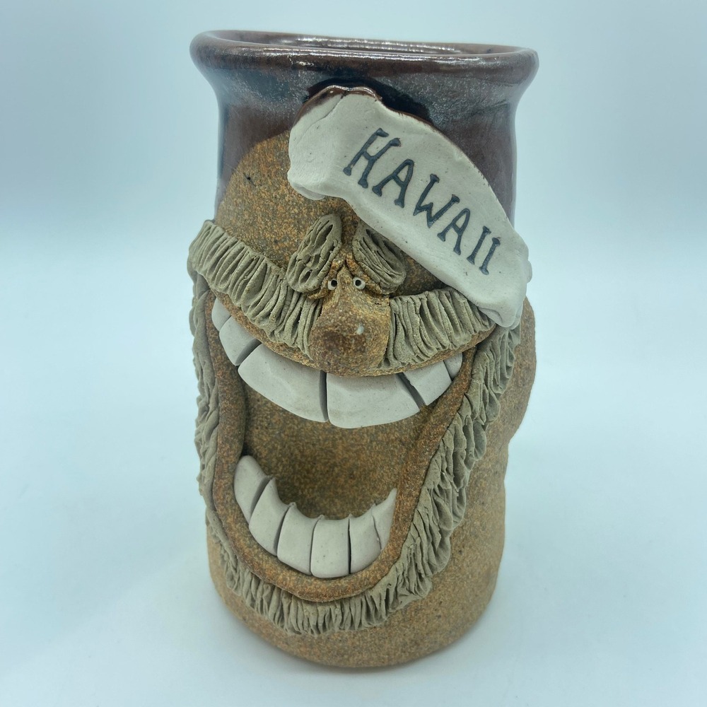 Ugly Face Art Pottery Clay Vintage Mug Handcrafted Signed Hawaii Tall Smile 3D